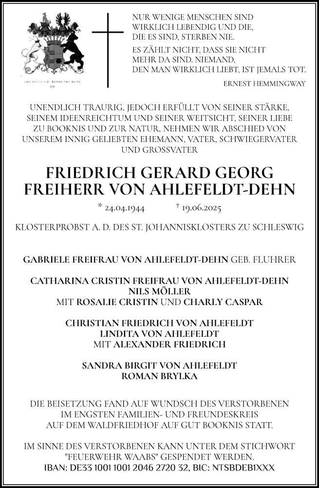  Traueranzeige für Friedrich Gerard Georg von Ahlefeldt-Dehn vom 05.07.2025 aus Eckernförder Zeitung, Hallo Eckernförde