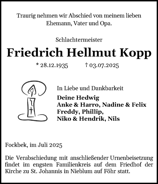 Traueranzeige von Friedrich Hellmut Kopp von Der Insel-Bote