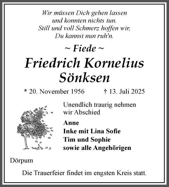 Traueranzeige von Friedrich Kornelius Sönksen von Husumer Nachrichten, Nordfriesland Tageblatt