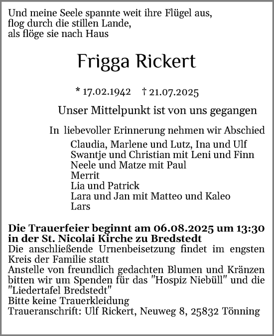 Traueranzeige von Frigga Rickert von Husumer Nachrichten, Nordfriesland Tageblatt