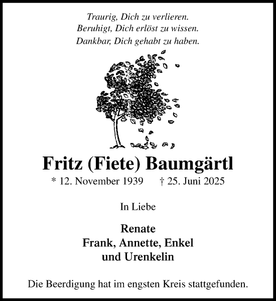 Traueranzeige von Fritz Baumgärtl von MARKT Ahrensburg/Bargteheide/Trittau und Stormarner Tageblatt