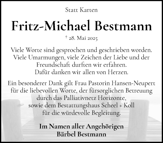 Traueranzeige von Fritz-Michael Bestmann von Eckernförder Zeitung, Hallo Eckernförde