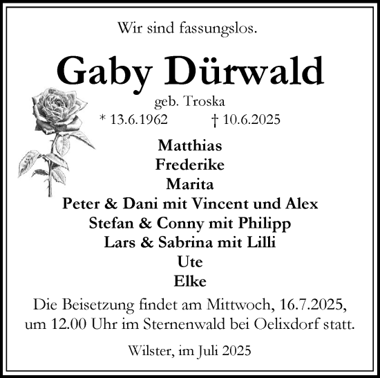 Traueranzeige von Gaby Dürwald von Norddeutsche Rundschau, Wilstersche Zeitung, Glückstädter Fortuna