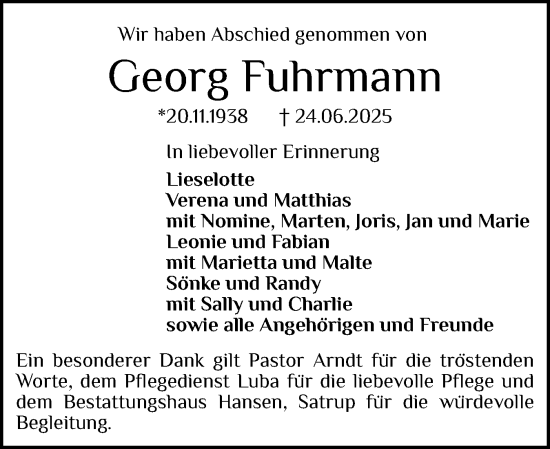 Traueranzeige von Georg Fuhrmann von Flensburger Tageblatt
