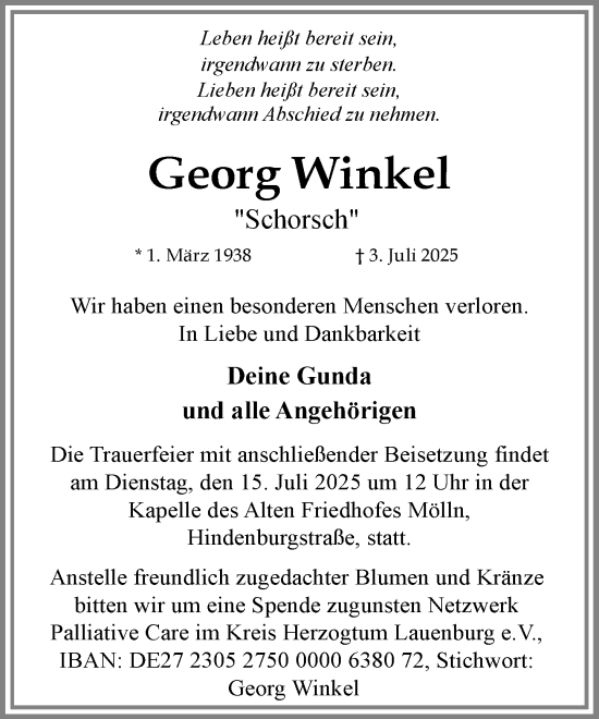 Traueranzeige von Georg Winkel von MARKT Ratzeburg/Mölln