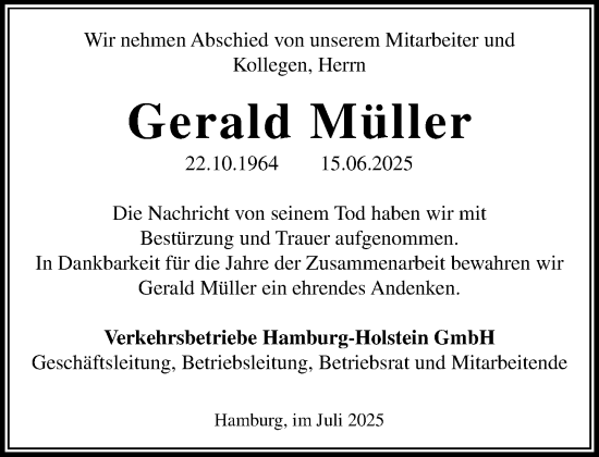 Traueranzeige von Gerald Müller von MARKT Glinde/Reinfeld