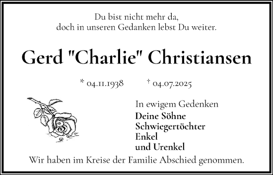 Traueranzeige von Gerd Christiansen von Flensburger Tageblatt