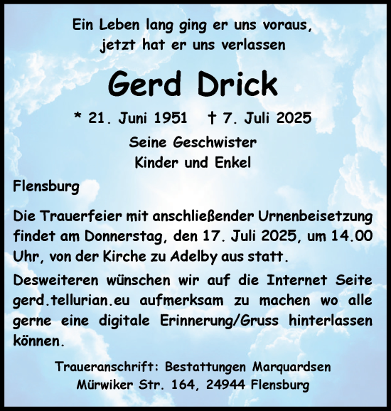 Traueranzeige von Gerd Drick von Flensburger Tageblatt