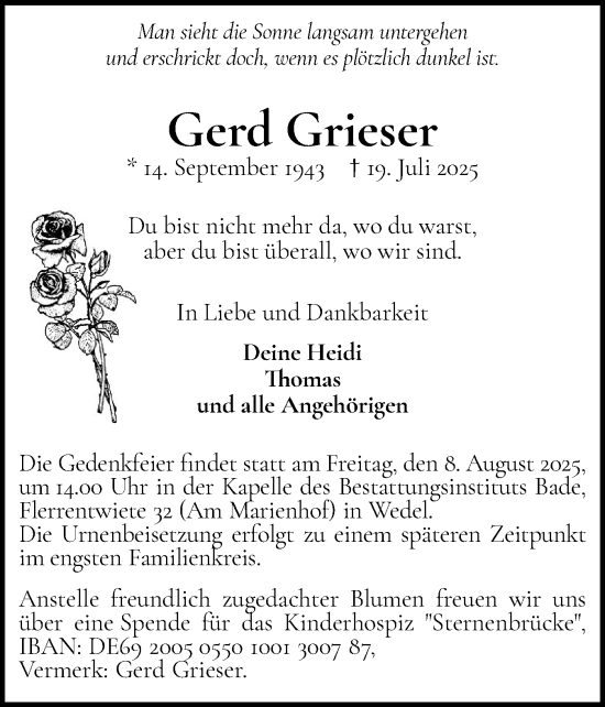 Traueranzeige von Gerd Grieser von Wedel-Schulauer Tageblatt, tip Wedel-Schulauer Tageblatt, tip Rissener Rundschau