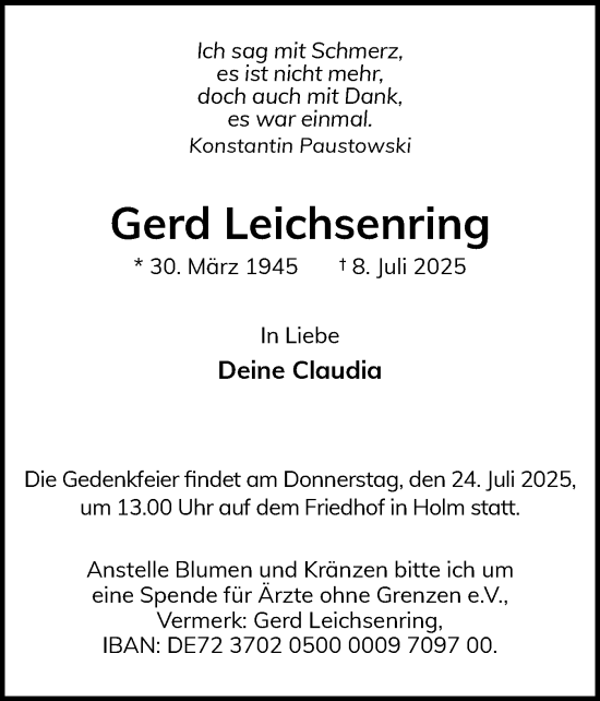 Traueranzeige von Gerd Leichsenring von Wedel-Schulauer Tageblatt, tip Wedel-Schulauer Tageblatt, tip Rissener Rundschau
