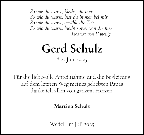 Traueranzeige von Gerd Schulz von Wedel-Schulauer Tageblatt, tip Wedel-Schulauer Tageblatt, tip Rissener Rundschau