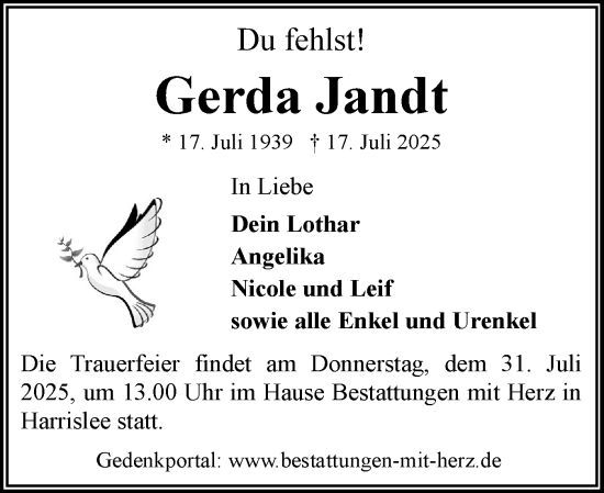 Traueranzeige von Gerda Jandt von Flensburger Tageblatt
