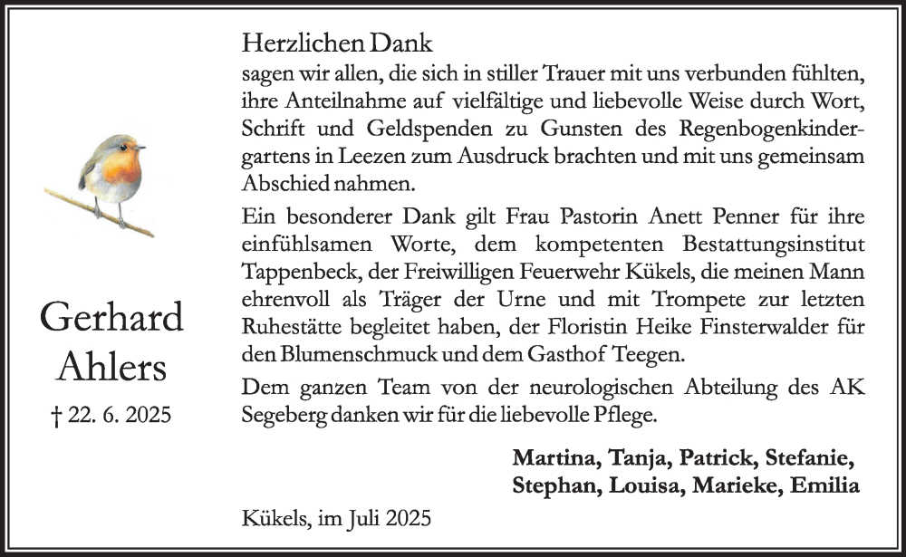  Traueranzeige für Gerhard Ahlers vom 26.07.2025 aus MARKT Ahrensburg/Bargteheide/Trittau und Stormarner Tageblatt