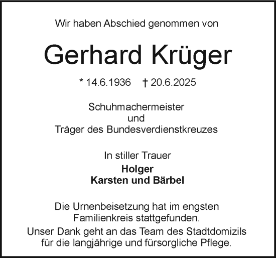 Traueranzeige von Gerhard Krüger von Holsteinischer Courier