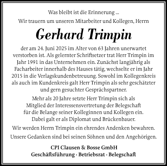 Traueranzeige von Gerhard Trimpin von Husumer Nachrichten, Nordfriesland Tageblatt