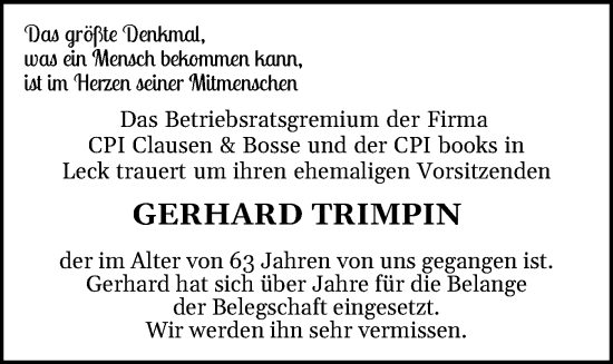 Traueranzeige von Gerhard Trimpin von Husumer Nachrichten, Nordfriesland Tageblatt