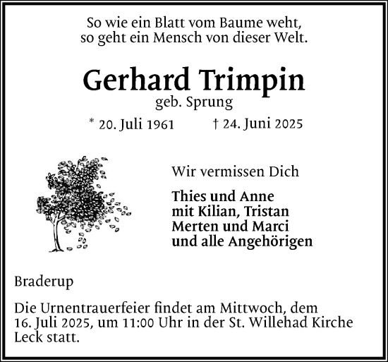 Traueranzeige von Gerhard Trimpin von Husumer Nachrichten, Nordfriesland Tageblatt