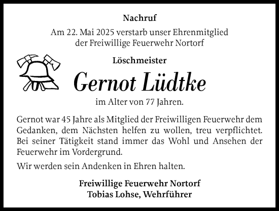 Traueranzeige von Gernot Lüdtke von Schleswig-Holsteinische Landeszeitung