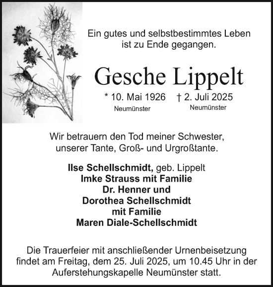 Traueranzeige von Gesche Lippelt von Holsteinischer Courier