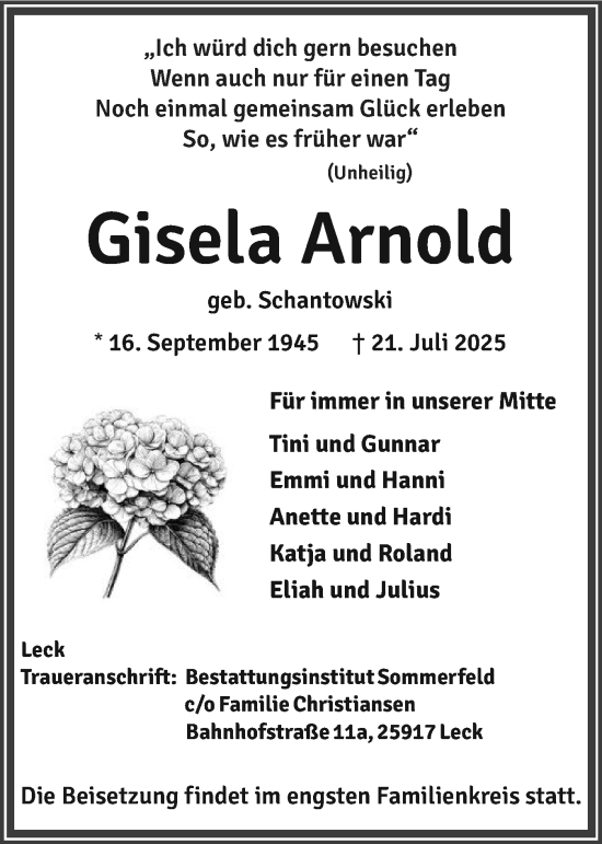 Traueranzeige von Gisela Arnold von Region Flensburg