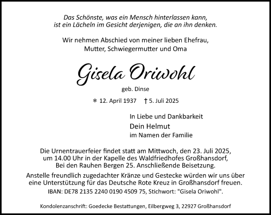 Traueranzeige von Gisela Oriwohl von MARKT Ahrensburg/Bargteheide/Trittau und Stormarner Tageblatt