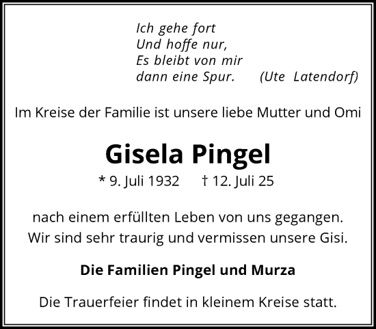 Traueranzeige von Gisela Pingel von Wedel-Schulauer Tageblatt, tip Wedel-Schulauer Tageblatt, tip Rissener Rundschau