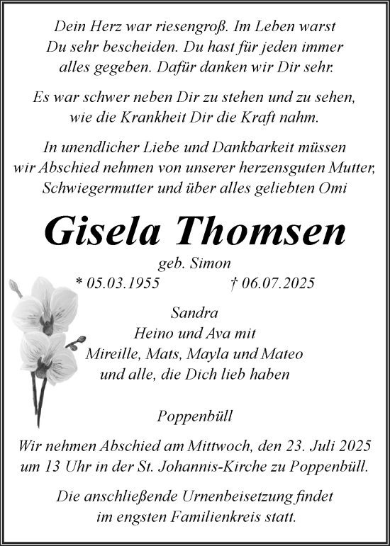 Traueranzeige von Gisela Thomsen von Husumer Nachrichten, Nordfriesland Tageblatt