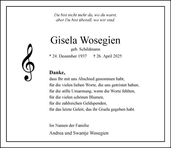 Traueranzeige von Gisela Wosegien von MARKT Bad Oldesloe/Reinfeld und Stormarner Tageblatt