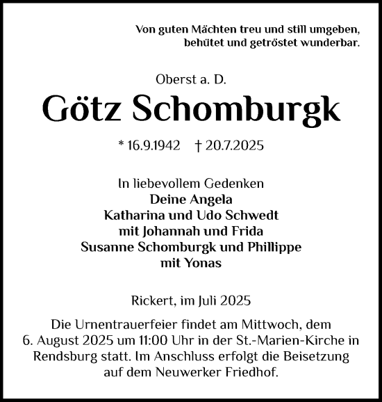 Traueranzeige von Götz Schomburgk von Schleswig-Holsteinische Landeszeitung