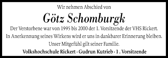 Traueranzeige von Götz Schomburgk von Schleswig-Holsteinische Landeszeitung