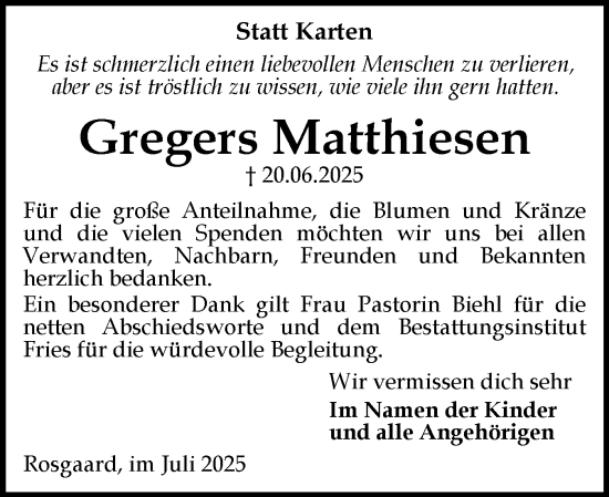 Traueranzeige von Gregers Matthiesen von Flensburger Tageblatt