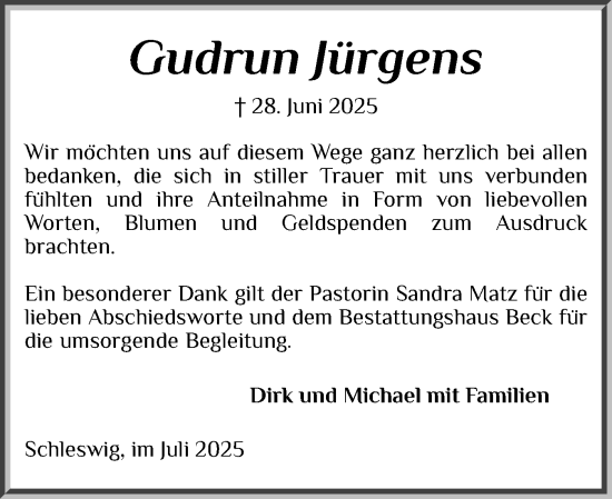 Traueranzeige von Gudrun Jürgens von Schleswiger Nachrichten, Schlei-Bote
