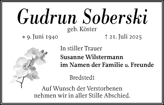 Traueranzeige von Gudrun Soberski von Husumer Nachrichten, Nordfriesland Tageblatt