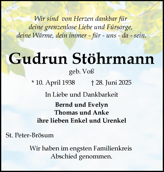 Traueranzeige von Gudrun Stöhrmann von Husumer Nachrichten, Nordfriesland Tageblatt