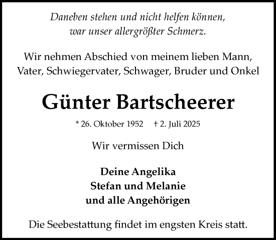 Traueranzeige von Günter Bartscheerer von MARKT Bad Oldesloe/Reinfeld und Stormarner Tageblatt