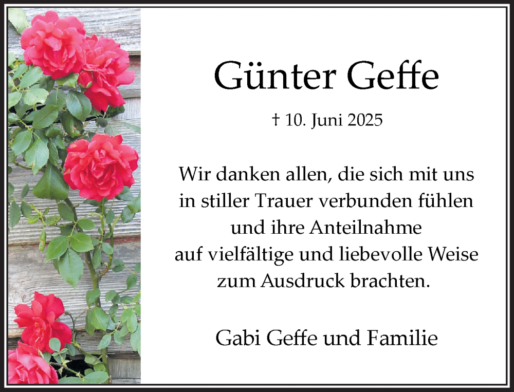  Traueranzeige für Günter Geffe vom 19.07.2025 aus MARKT Bad Oldesloe/Reinfeld und Stormarner Tageblatt