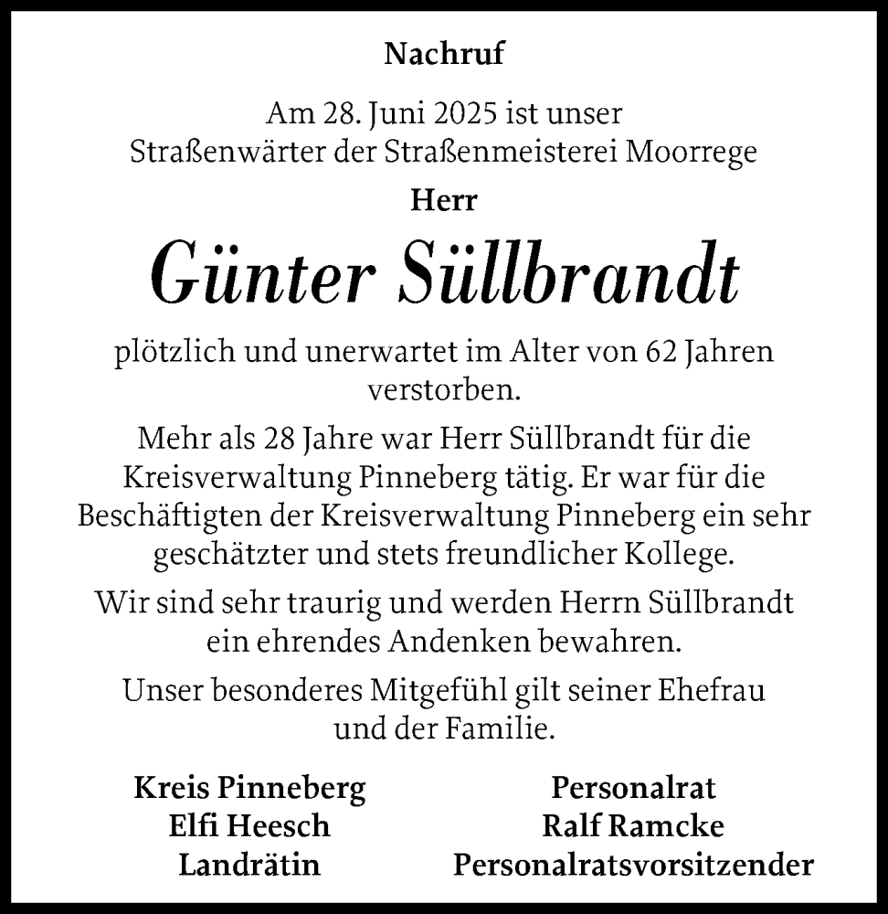  Traueranzeige für Günter Süllbrandt vom 19.07.2025 aus A. Beig Gesamtausgabe