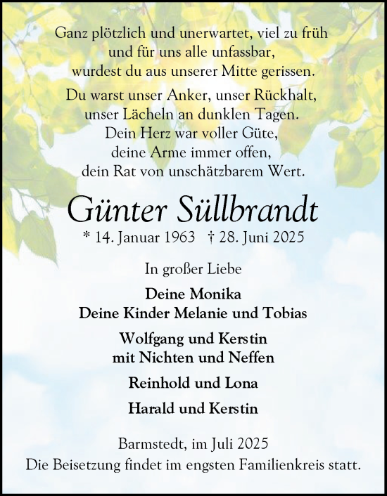 Traueranzeige von Günter Süllbrandt von Elmshorner Nachrichten, Barmstedter Zeitung