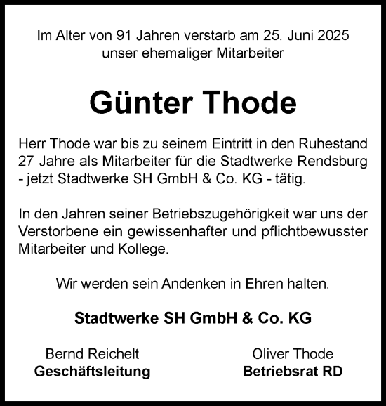 Traueranzeige von Günter Thode von Schleswig-Holsteinische Landeszeitung