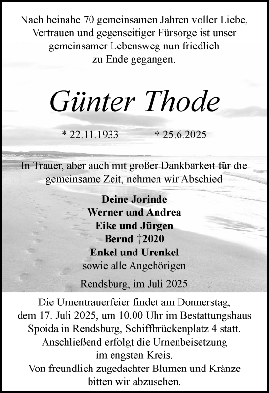 Traueranzeige von Günter Thode von Schleswig-Holsteinische Landeszeitung