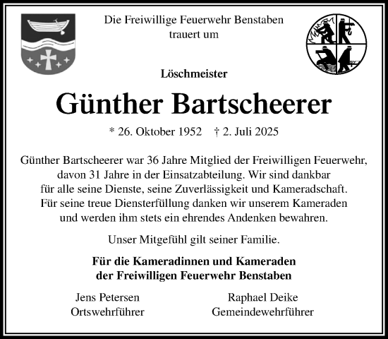 Traueranzeige von Günther Bartscheerer von MARKT Bad Oldesloe/Reinfeld und Stormarner Tageblatt