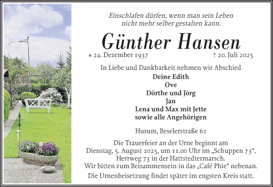 Traueranzeige von Günther Hansen von Husumer Nachrichten, Nordfriesland Tageblatt