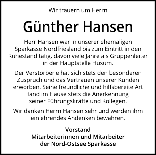 Traueranzeige von Günther Hansen von Husumer Nachrichten, Nordfriesland Tageblatt