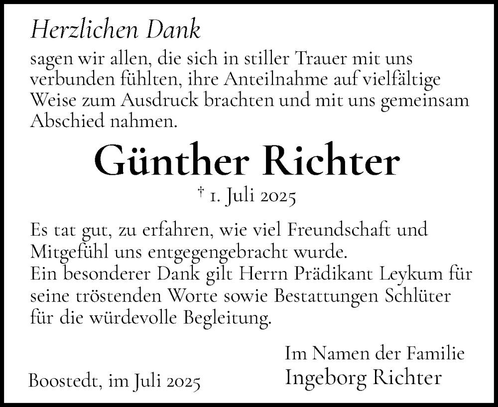  Traueranzeige für Günther Richter vom 19.07.2025 aus Holsteinischer Courier