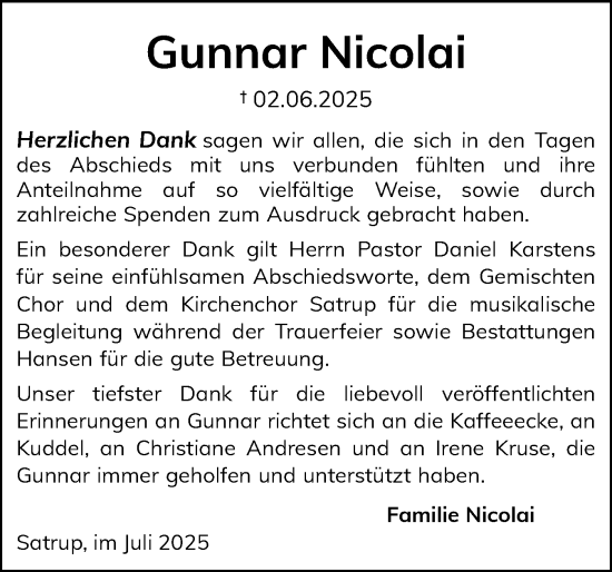 Traueranzeige von Gunnar Nicolai von Flensburger Tageblatt