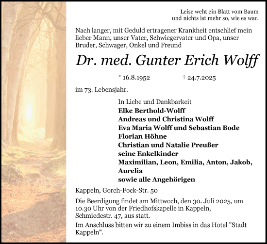Traueranzeige von Gunter Erich Wolff von Schleswiger Nachrichten, Schlei-Bote