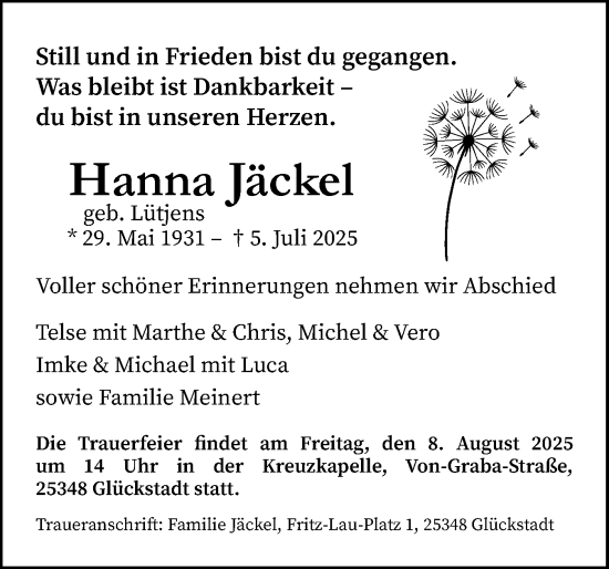 Traueranzeige von Hanna Jäckel von Norddeutsche Rundschau, Wilstersche Zeitung, Glückstädter Fortuna