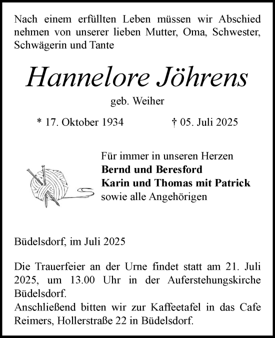 Traueranzeige von Hannelore Jöhrens von Schleswig-Holsteinische Landeszeitung