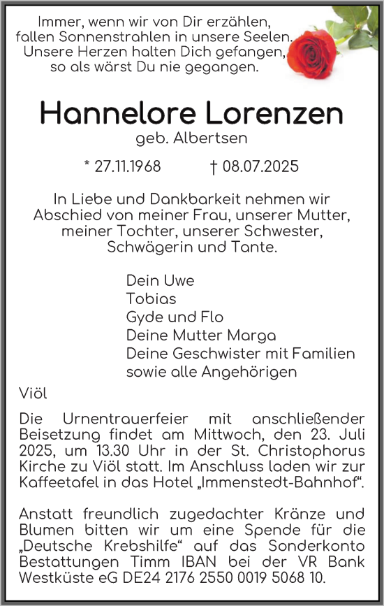 Traueranzeige von Hannelore Lorenzen von Husumer Nachrichten, Nordfriesland Tageblatt