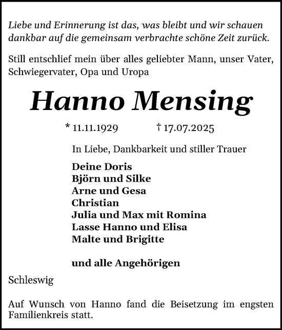 Traueranzeige von Hanno Mensing von Schleswiger Nachrichten, Schlei-Bote